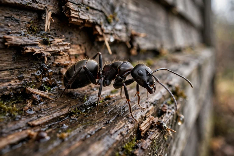 Large black carpenter ant on moisture-damaged wood in Central Oregon