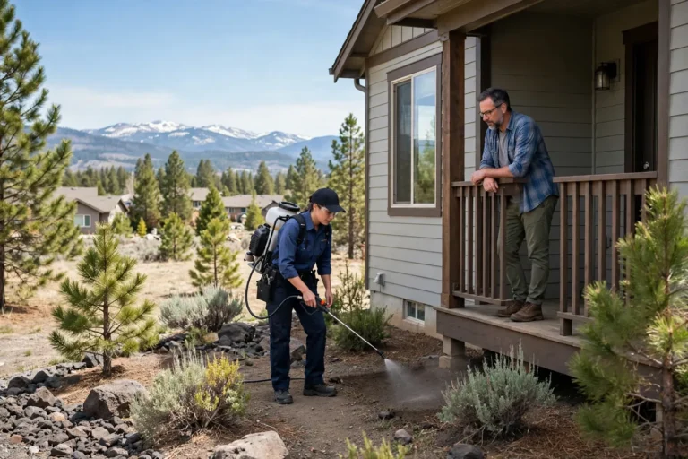 Licensed pest control technician treating a home exterior in Bend, Oregon