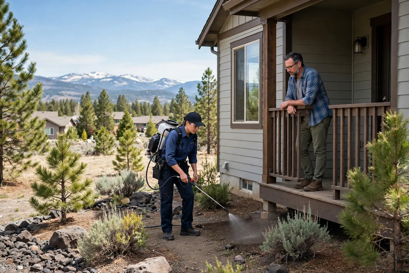 Licensed pest control technician treating a home exterior in Bend, Oregon