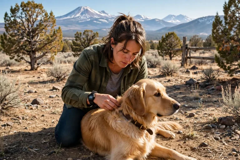 Dog owner checking pet for fleas and ticks in a Bend, Oregon high desert yard