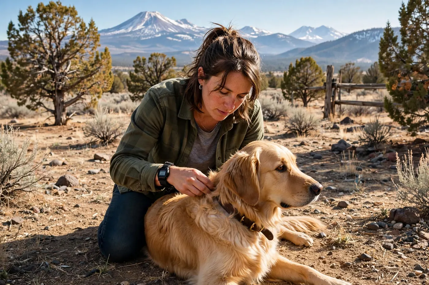 Dog owner checking pet for fleas and ticks in a Bend, Oregon high desert yard
