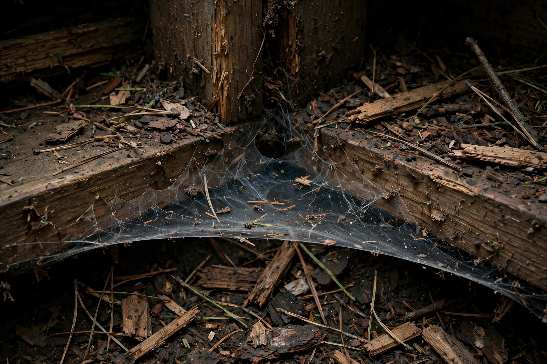 Flat funnel spider web stretched low across a crawl space corner in Oregon