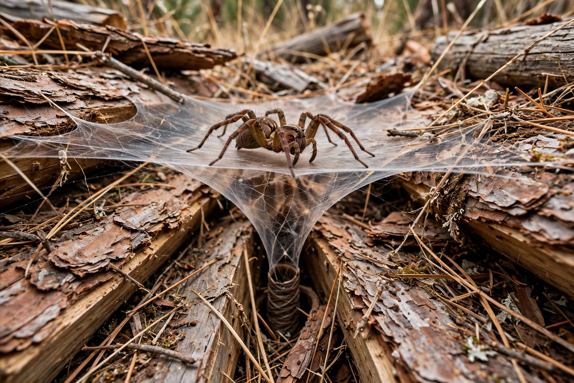 Hobo spider on its funnel web in a Central Oregon woodpile