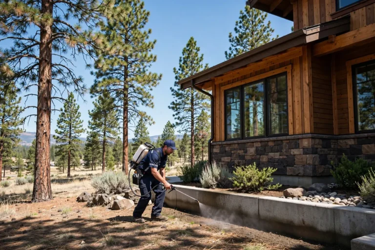 Pest control technician applying a quarterly perimeter treatment at a Bend, Oregon home