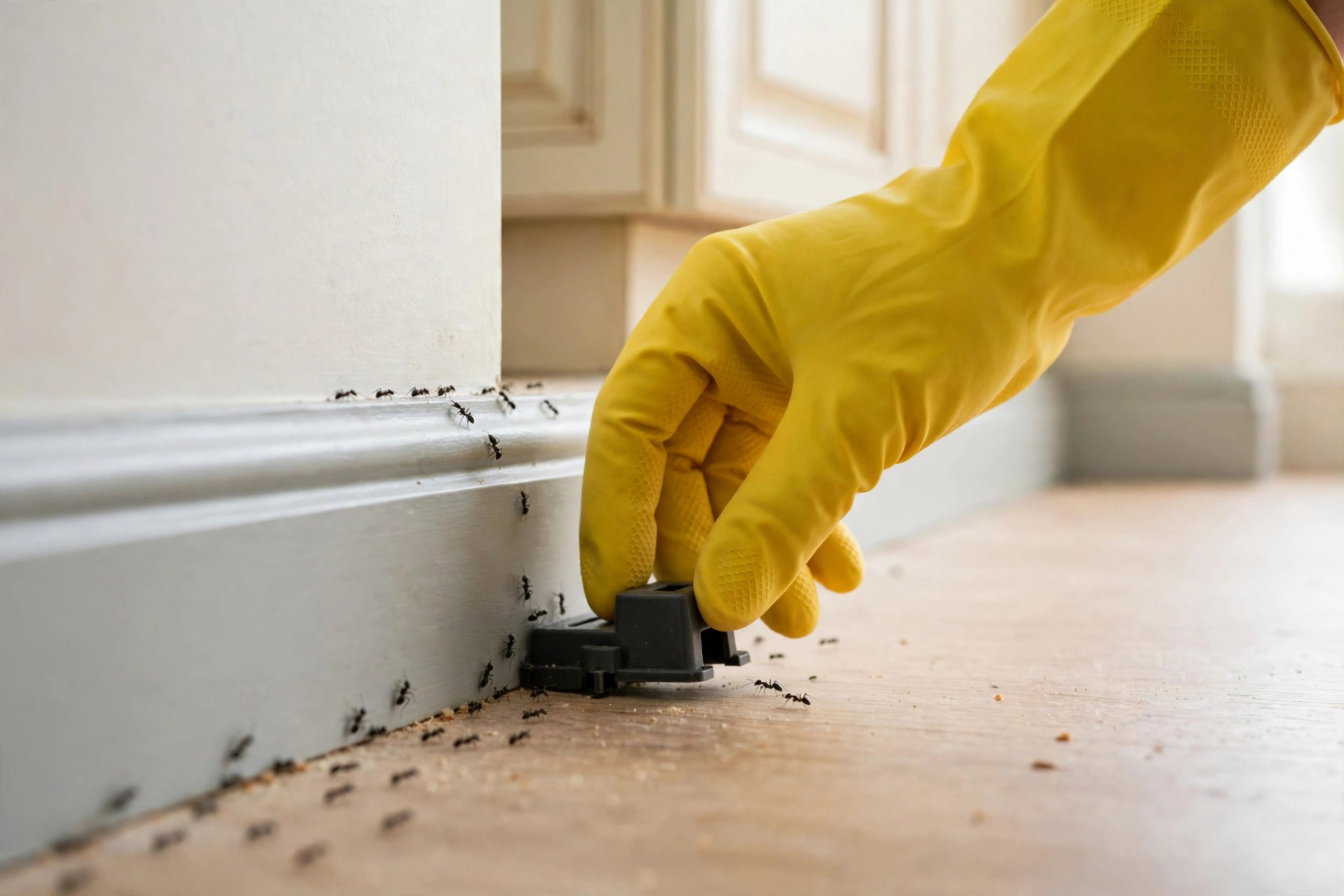 Placing an ant bait station along a kitchen baseboard in a Bend, Oregon home