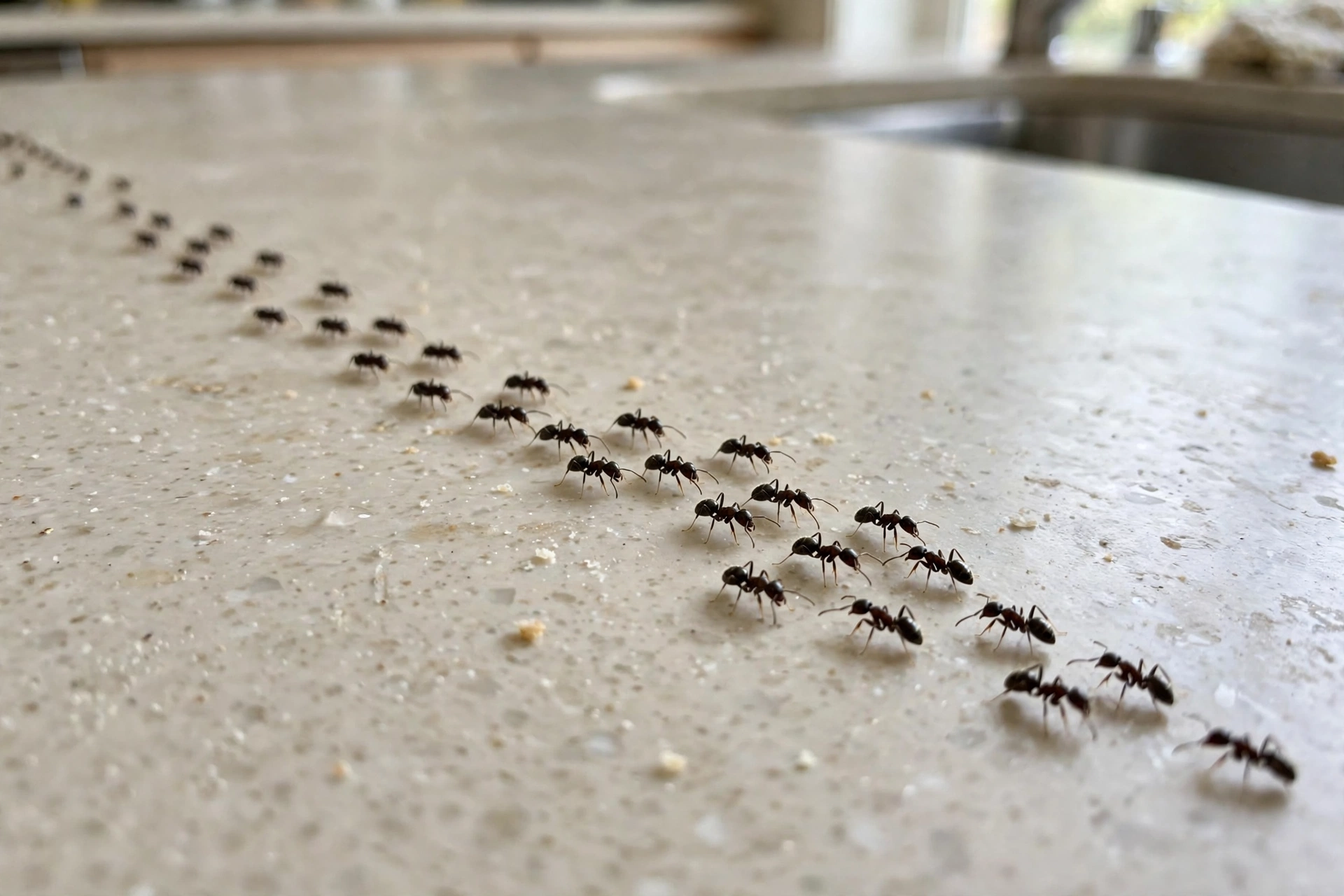 Odorous house ants trailing across a Bend, Oregon kitchen counter
