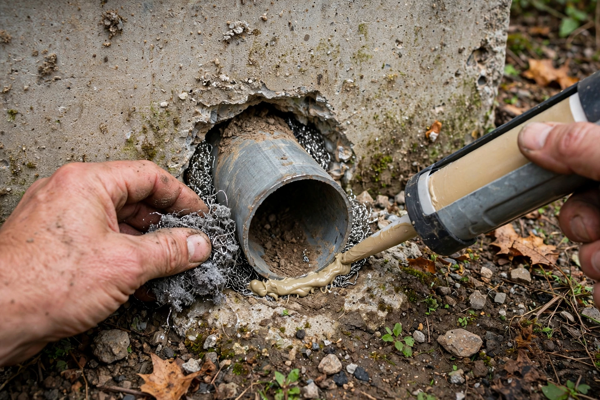 Sealing a rodent entry point around a pipe with steel wool and caulk