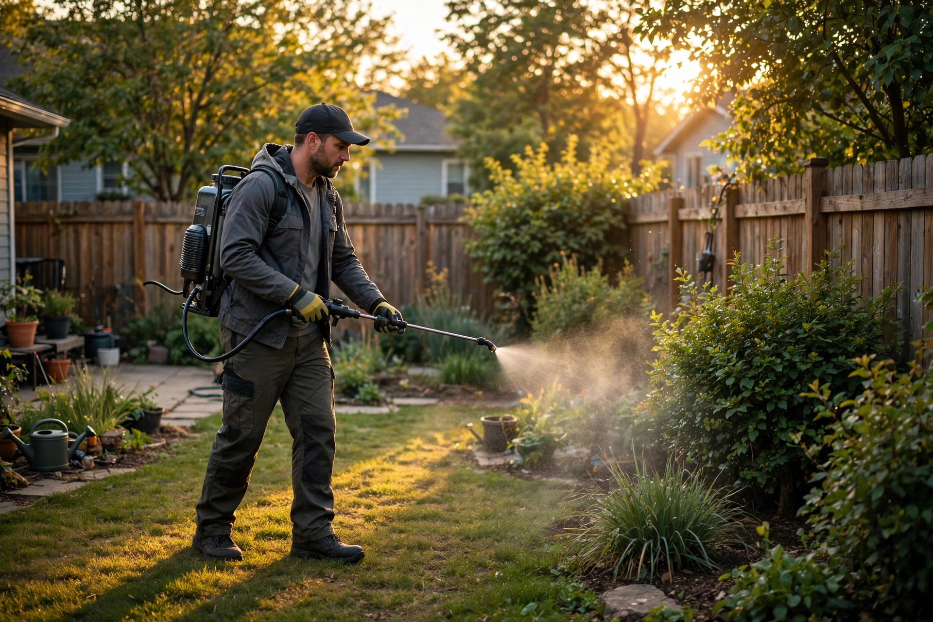 Technician applying mosquito yard treatment in Central Oregon
