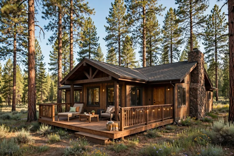 Vacation rental cabin in Sunriver, Oregon surrounded by ponderosa pine trees