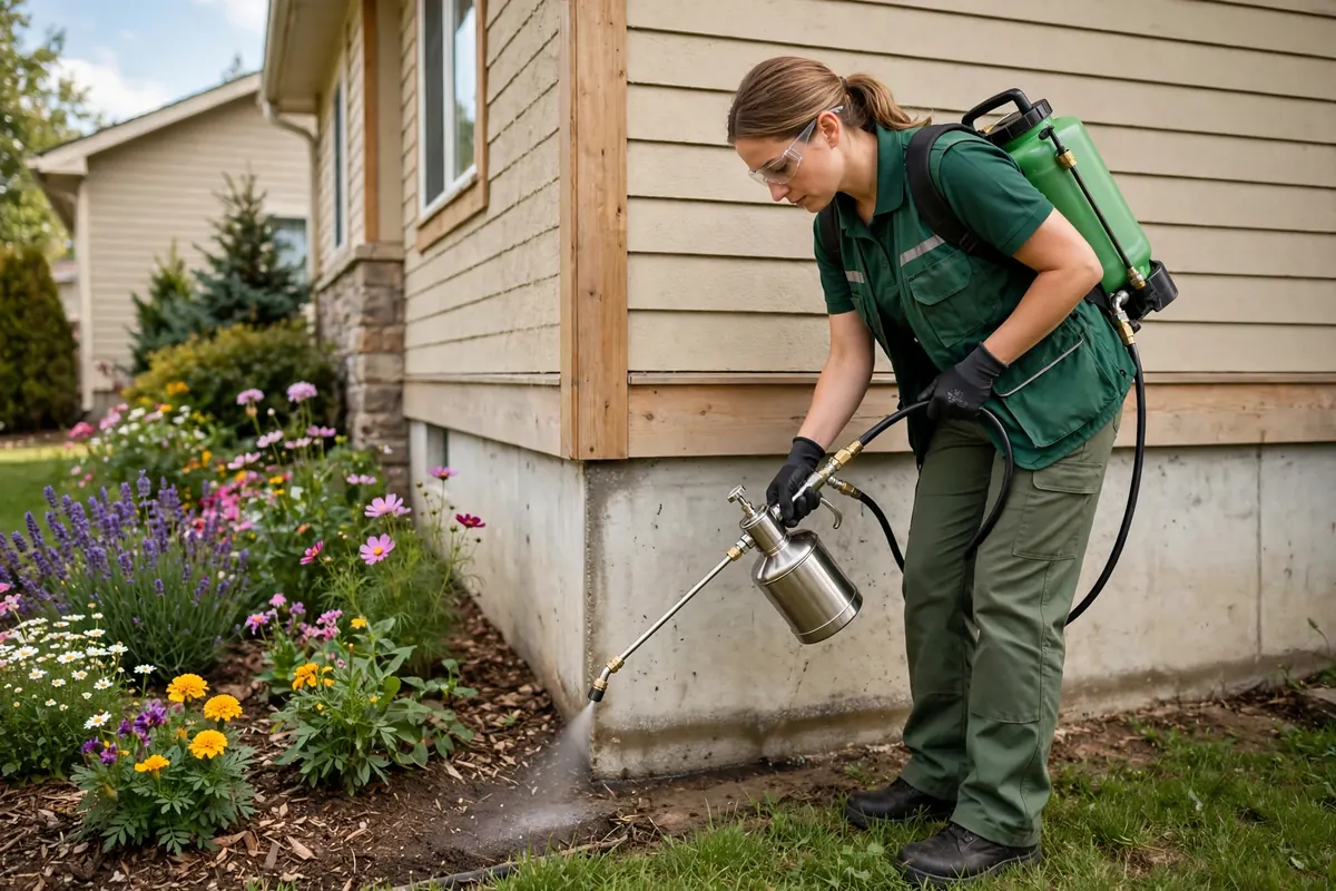 Licensed pest control technician applying a targeted treatment away from garden beds in Bend, Oregon
