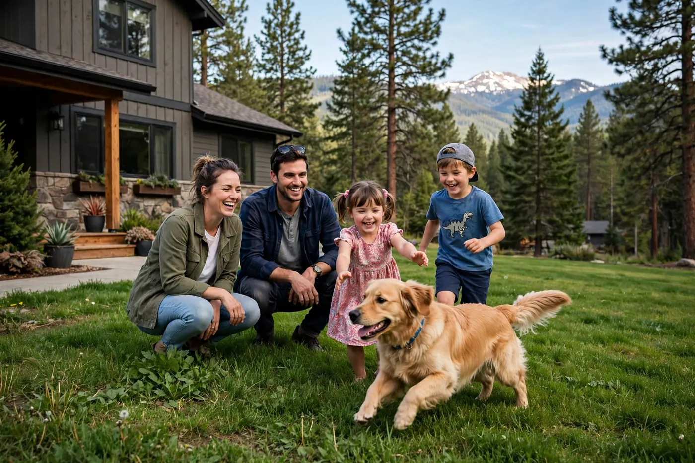 Family with kids and dog playing safely in a pest-treated yard in Bend, Oregon