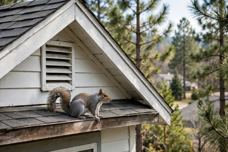 Squirrel at a roofline attic vent on a Central Oregon home