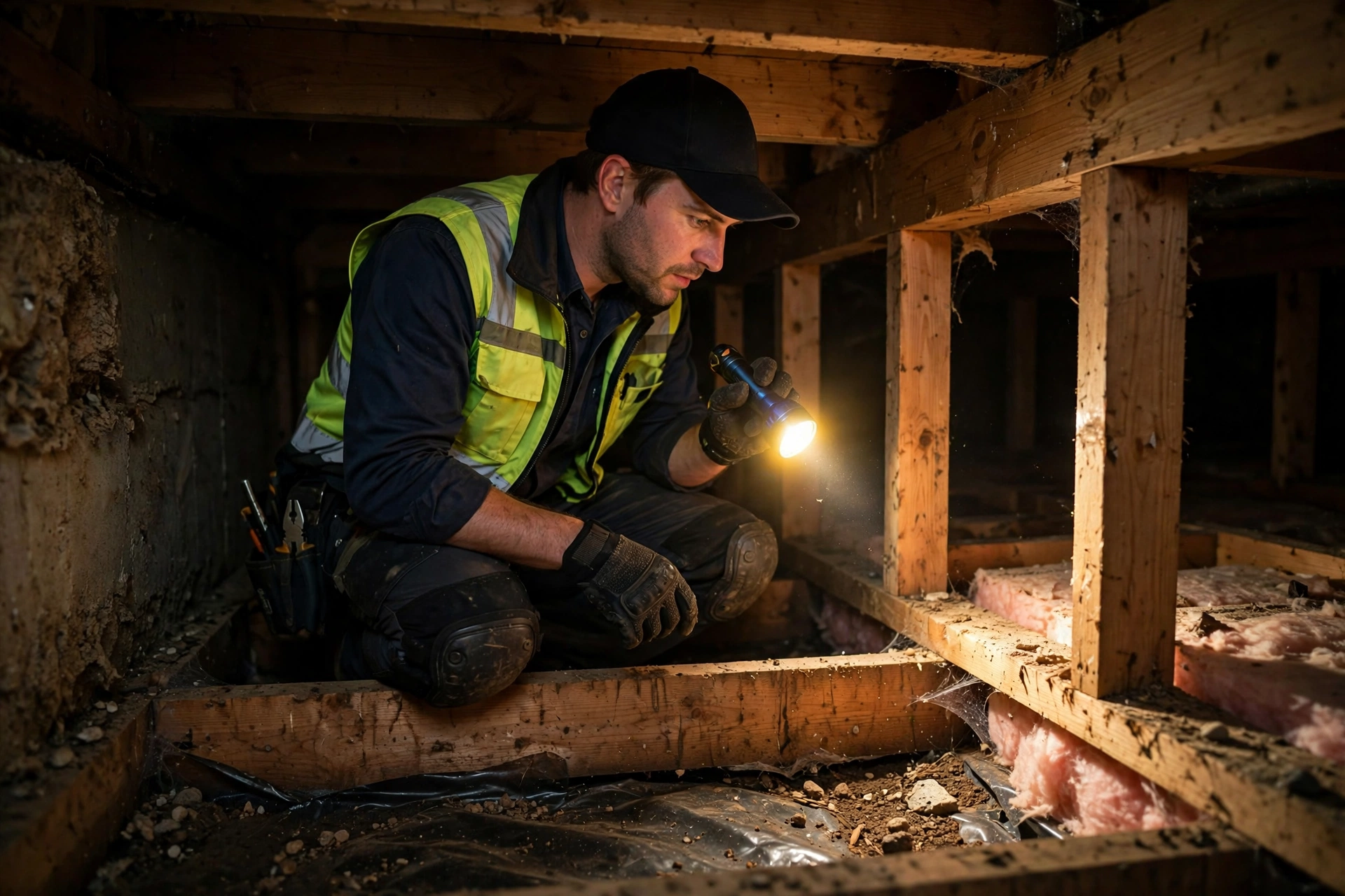 Licensed pest technician inspecting a crawl space for termite signs in Bend, Oregon