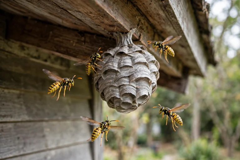 Yellowjackets flying around a paper nest under house eaves in Central Oregon